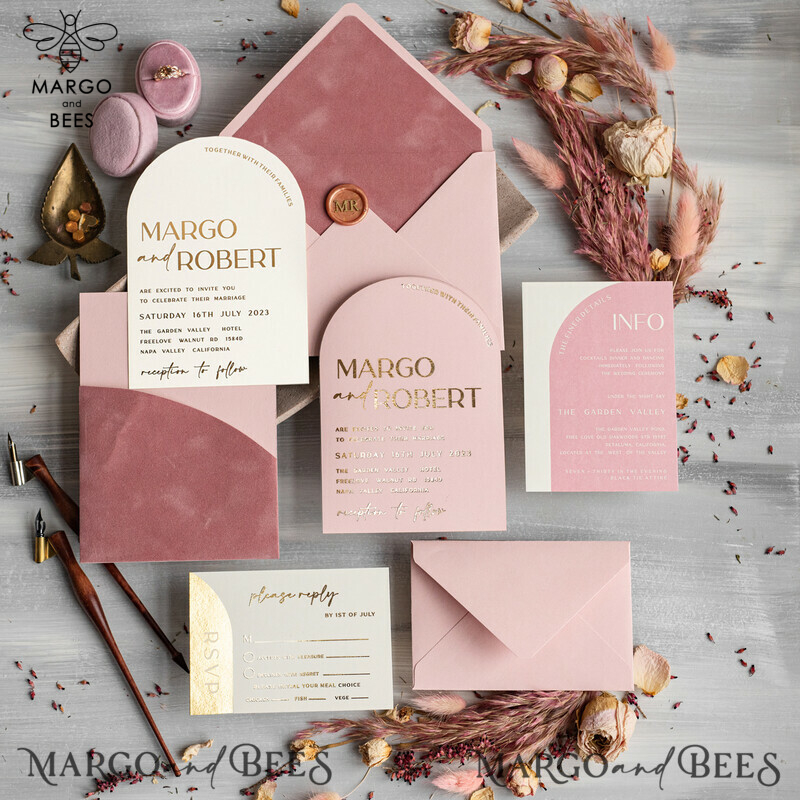 Elegant Blush Pink and Gold Arch Wedding Invitation Suite with RSVP Velvet Pocket - Modern and Luxurious Blush Pink Wedding Cards-13