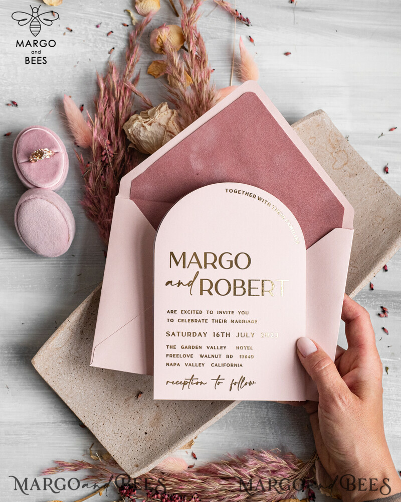 Elegant Blush Pink and Gold Arch Wedding Invitation Suite with RSVP Velvet Pocket - Modern and Luxurious Blush Pink Wedding Cards-18