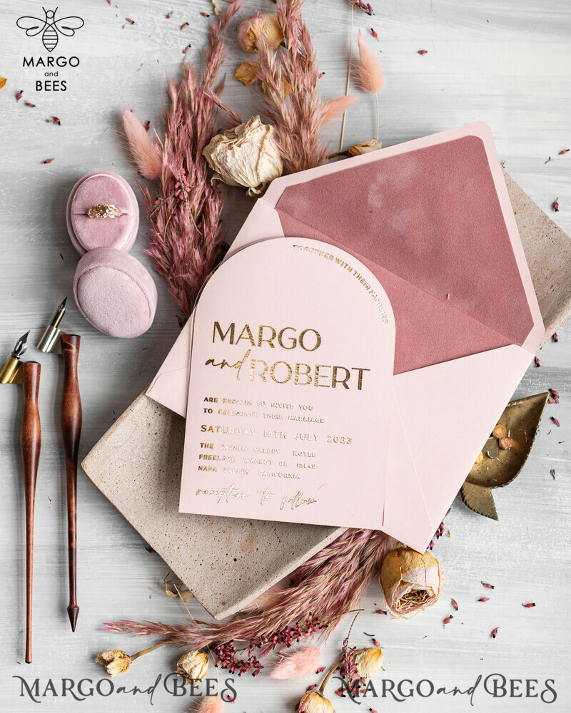 Elegant Blush Pink and Gold Arch Wedding Invitation Suite with RSVP Velvet Pocket - Modern and Luxurious Blush Pink Wedding Cards-14
