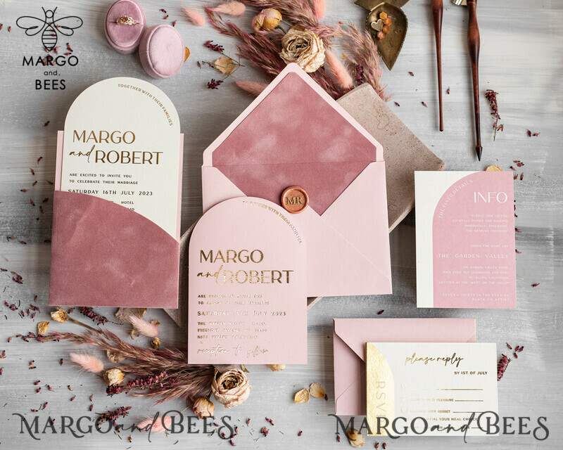 Elegant Blush Pink and Gold Arch Wedding Invitation Suite with RSVP Velvet Pocket - Modern and Luxurious Blush Pink Wedding Cards-2