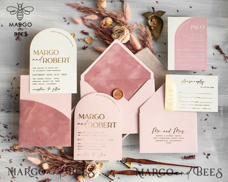 Elegant Blush Pink and Gold Arch Wedding Invitation Suite with RSVP Velvet Pocket - Modern and Luxurious Blush Pink Wedding Cards-0