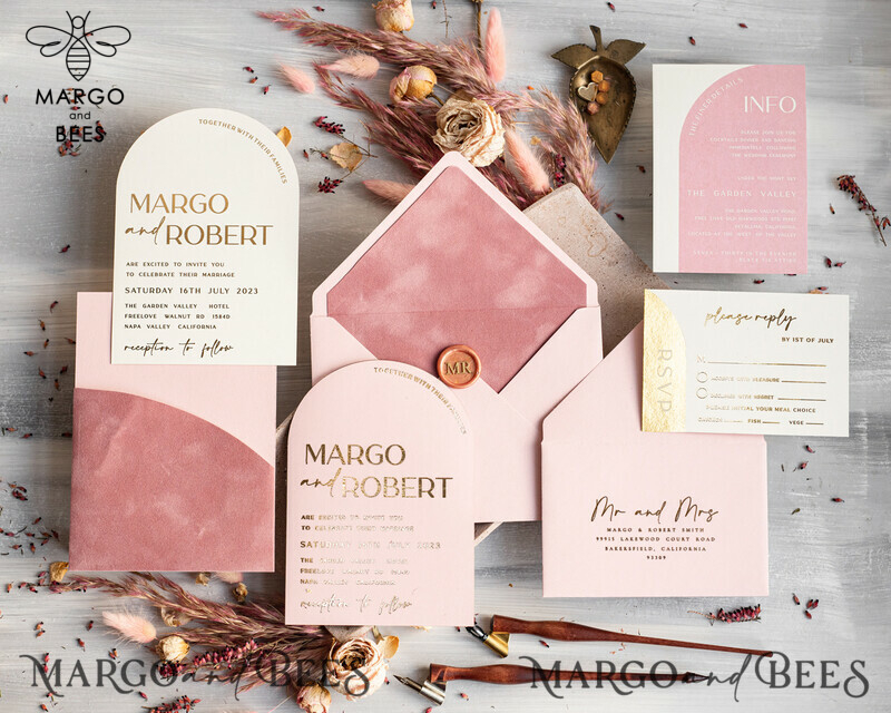 Elegant Blush Pink and Gold Arch Wedding Invitation Suite with RSVP Velvet Pocket - Modern and Luxurious Blush Pink Wedding Cards-6