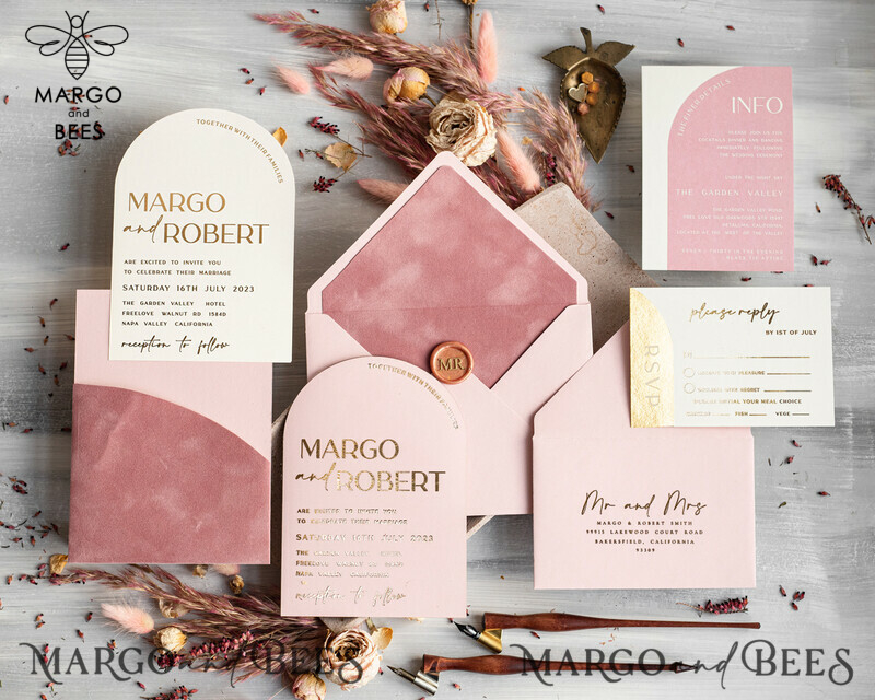 Elegant Blush Pink and Gold Arch Wedding Invitation Suite with RSVP Velvet Pocket - Modern and Luxurious Blush Pink Wedding Cards-7