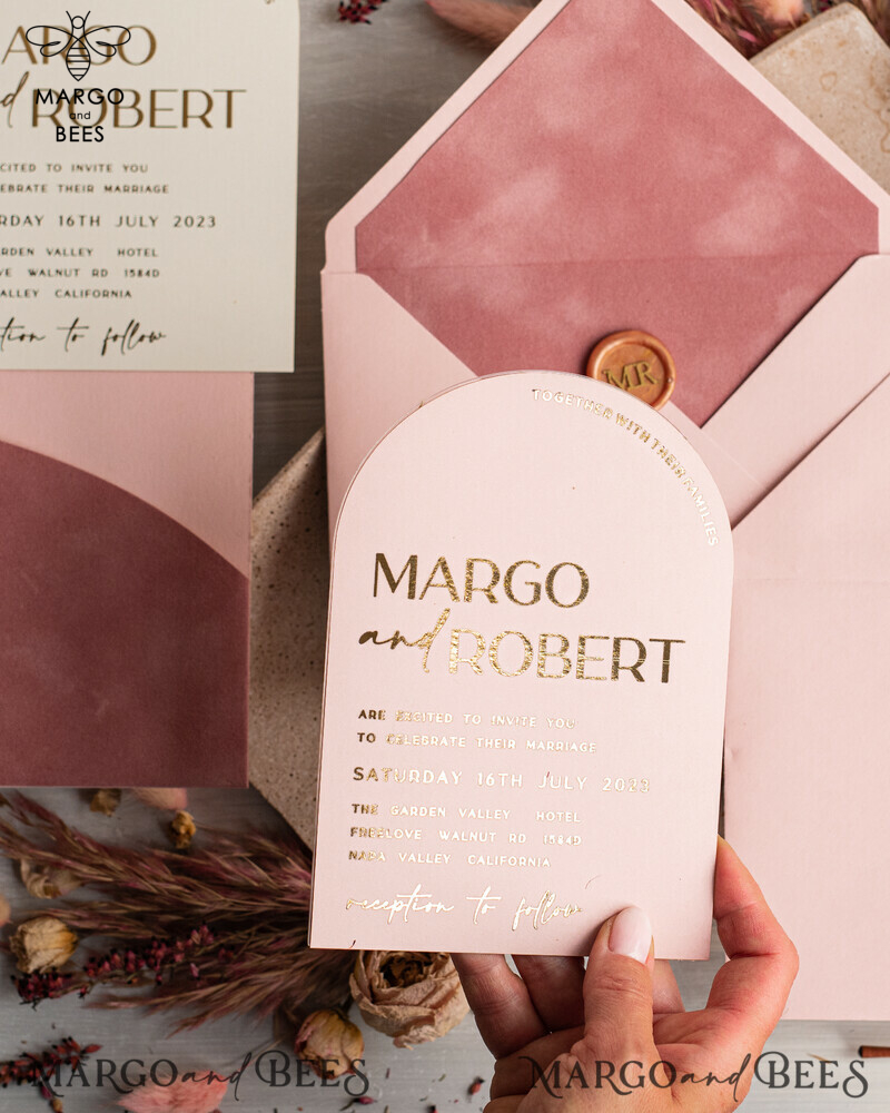 Elegant Blush Pink and Gold Arch Wedding Invitation Suite with RSVP Velvet Pocket - Modern and Luxurious Blush Pink Wedding Cards-11