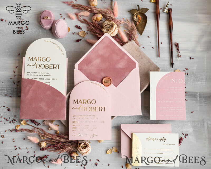 Elegant Blush Pink and Gold Arch Wedding Invitation Suite with RSVP Velvet Pocket - Modern and Luxurious Blush Pink Wedding Cards-1