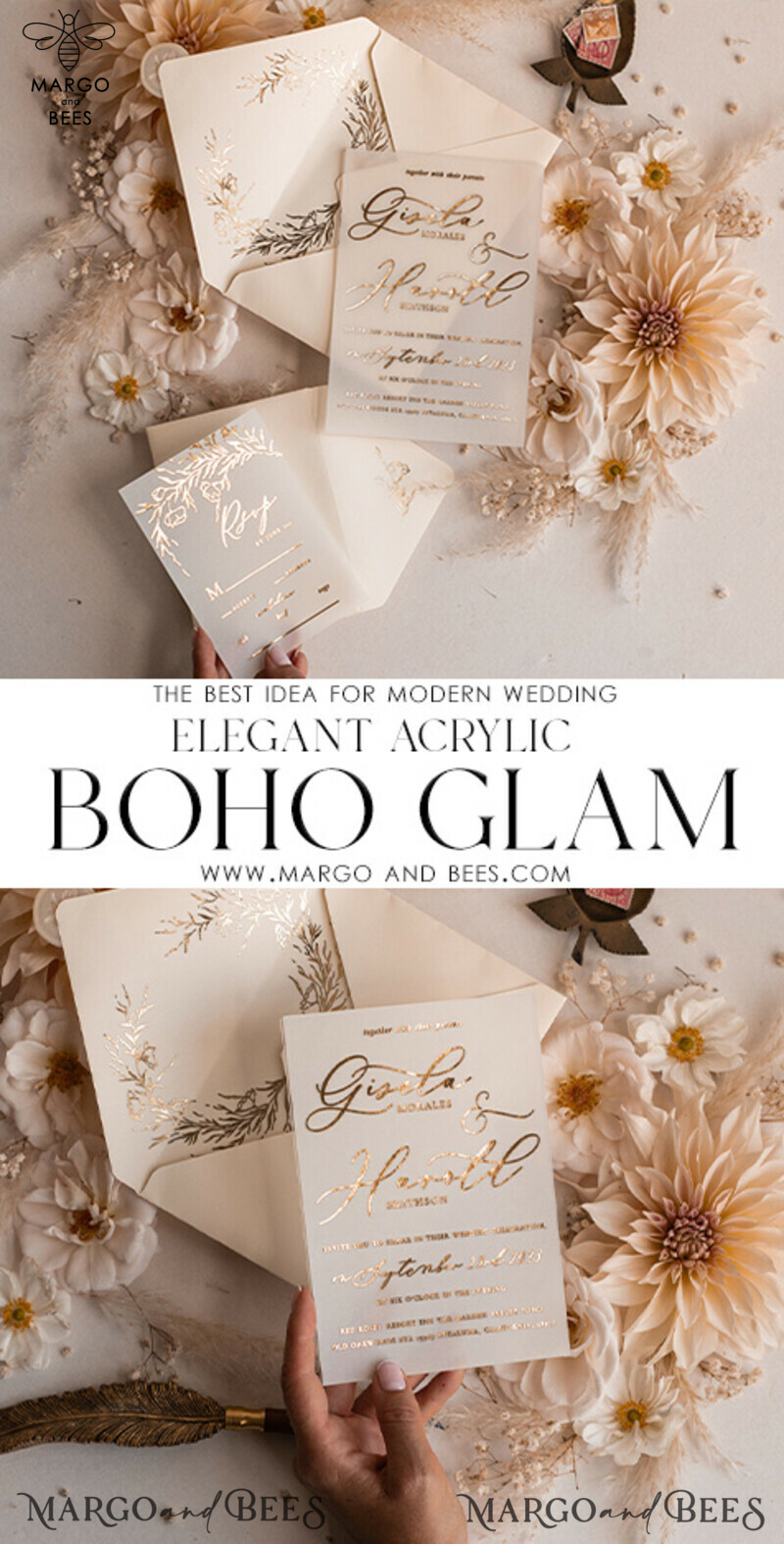 Boho Golden Ivory Wedding Invitations: A Vellum Gold Wedding Card Experience with a Fine Art Touch in our Bespoke Wedding Stationery Suite-3