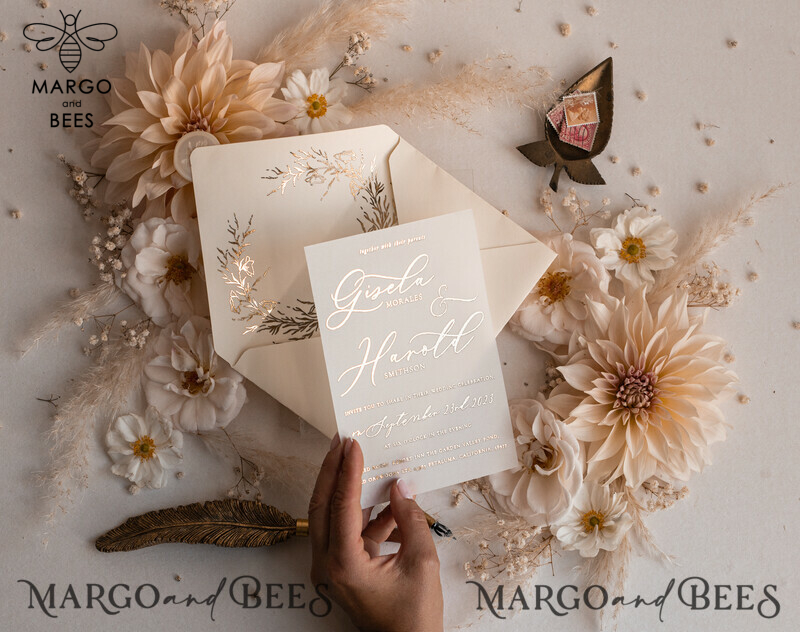 Boho Golden Ivory Wedding Invitations: A Vellum Gold Wedding Card Experience with a Fine Art Touch in our Bespoke Wedding Stationery Suite-10