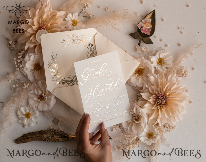 Boho Golden Ivory Wedding Invitations: A Vellum Gold Wedding Card Experience with a Fine Art Touch in our Bespoke Wedding Stationery Suite-4