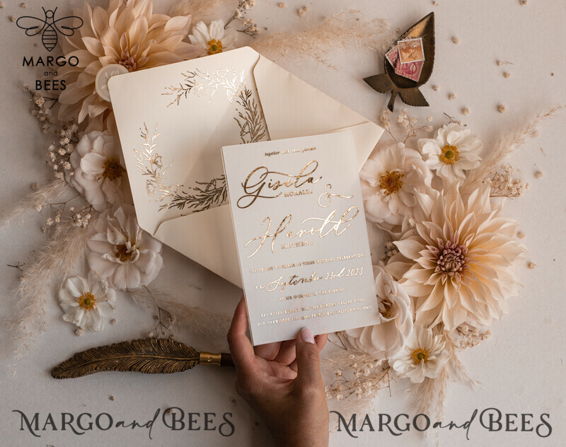 Boho Golden Ivory Wedding Invitations: A Vellum Gold Wedding Card Experience with a Fine Art Touch in our Bespoke Wedding Stationery Suite-5