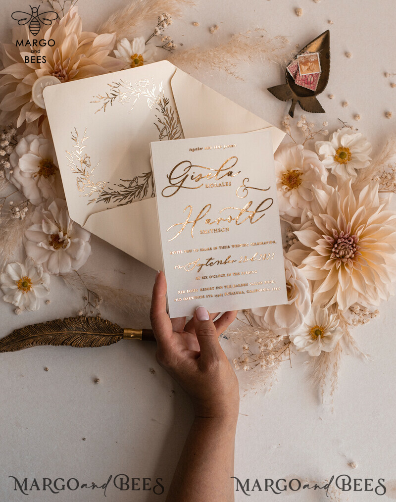 Boho Golden Ivory Wedding Invitations: A Vellum Gold Wedding Card Experience with a Fine Art Touch in our Bespoke Wedding Stationery Suite-1