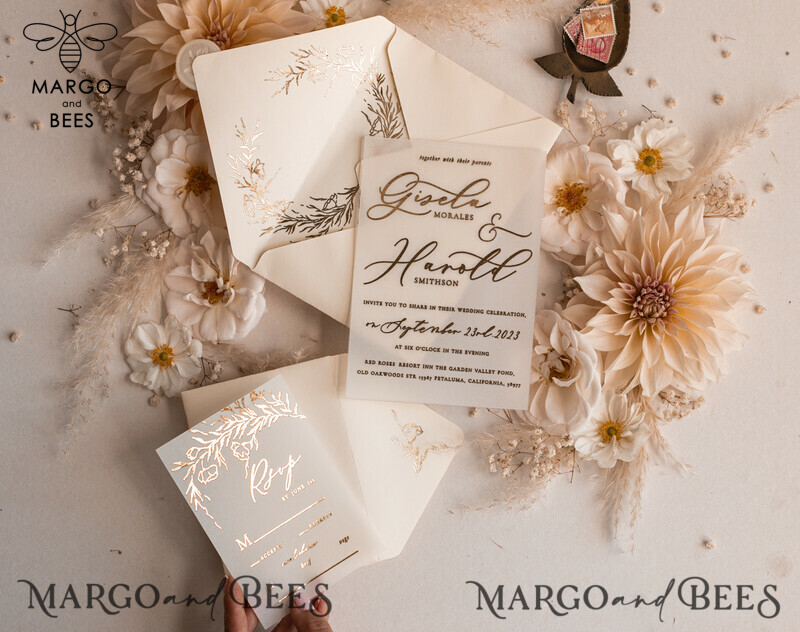 Elegant Boho Golden Ivory Wedding Invitations with Vellum Gold Details: A Fine Art Wedding Invitation Suite for your Bespoke Wedding Stationery-6