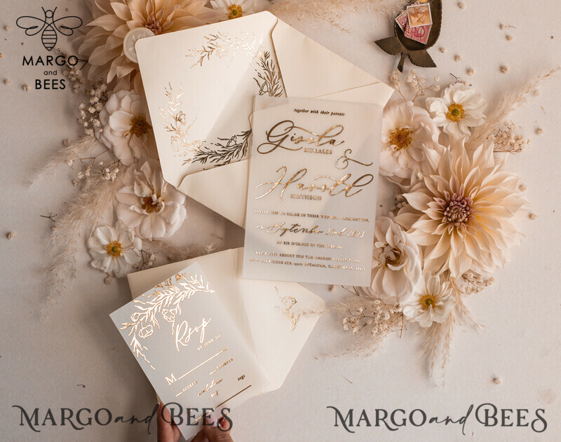 Boho Golden Ivory Wedding Invitations: A Vellum Gold Wedding Card Experience with a Fine Art Touch in our Bespoke Wedding Stationery Suite-9