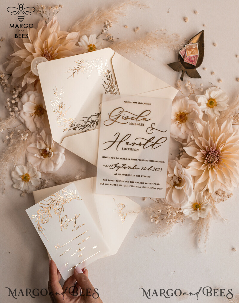 Boho Golden Ivory Wedding Invitations: A Vellum Gold Wedding Card Experience with a Fine Art Touch in our Bespoke Wedding Stationery Suite-7