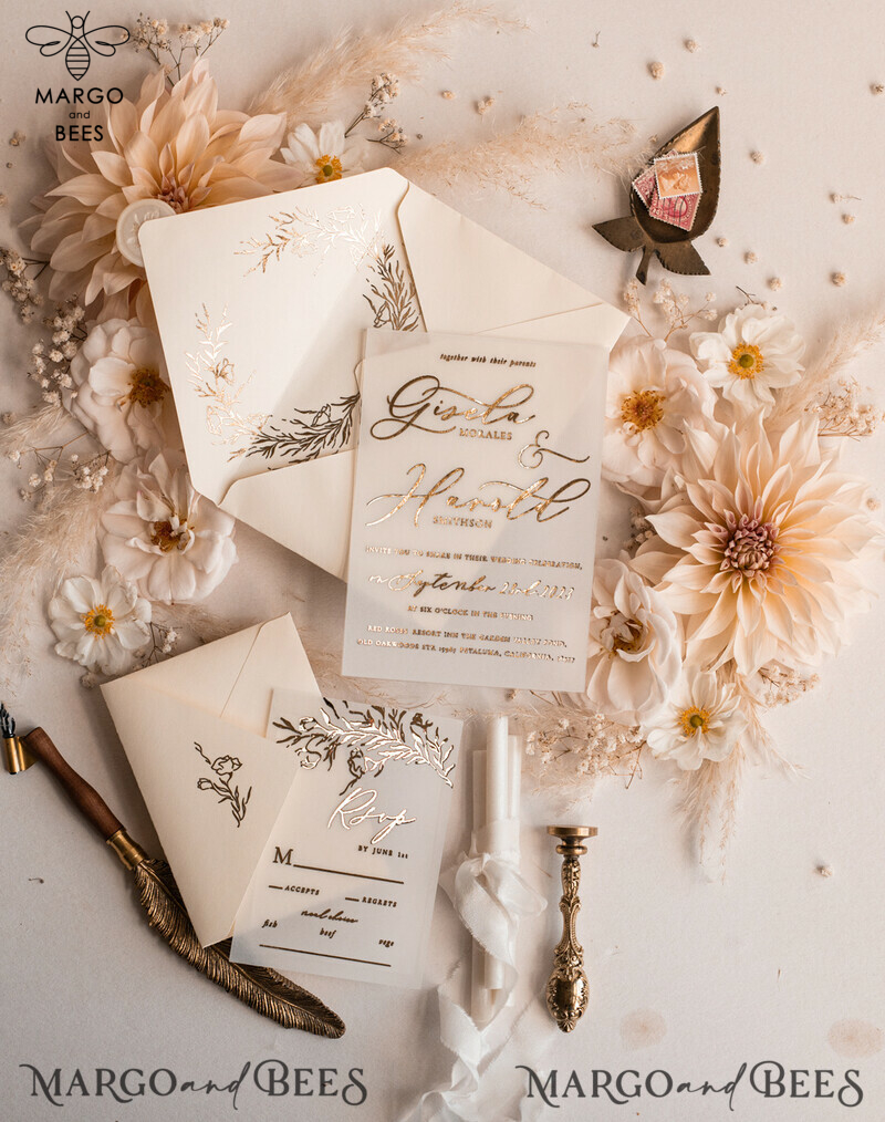 Boho Golden Ivory Wedding Invitations: A Vellum Gold Wedding Card Experience with a Fine Art Touch in our Bespoke Wedding Stationery Suite-2