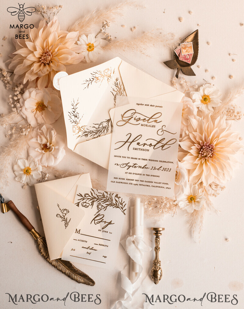Elegant Boho Golden Ivory Wedding Invitations with Vellum Gold Details: A Fine Art Wedding Invitation Suite for your Bespoke Wedding Stationery-8
