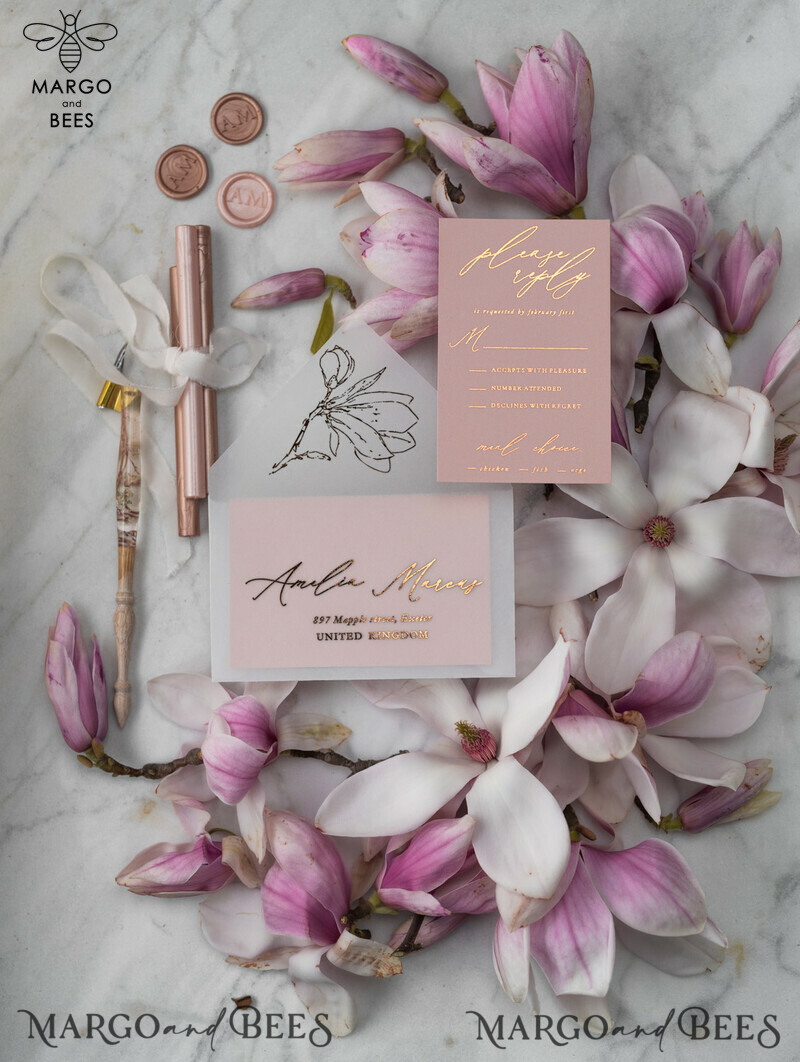 Exquisite Luxury Gold Foil Wedding Invitations with Elegant Magnolia Flower Design and Glamour Blush Pink Accents - Customized Bespoke Vellum Wedding Stationery for a Timeless Celebration-1