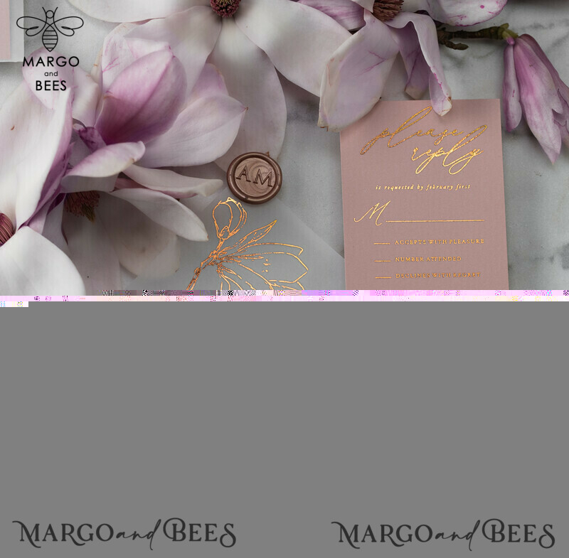 Spring Magnolia Flowers wedding invitations,  Gold Vellum Wedding Invitation Suite, Pink Sakura Wedding Stationery  -2