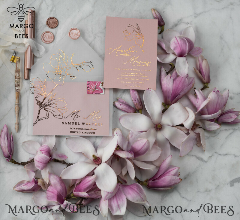 Luxury Gold Foil Wedding Invitations, Elegant Magnolia Flower Wedding Invites, Glamour Blush Pink Wedding Cards, Bespoke Vellum Wedding Stationery-3