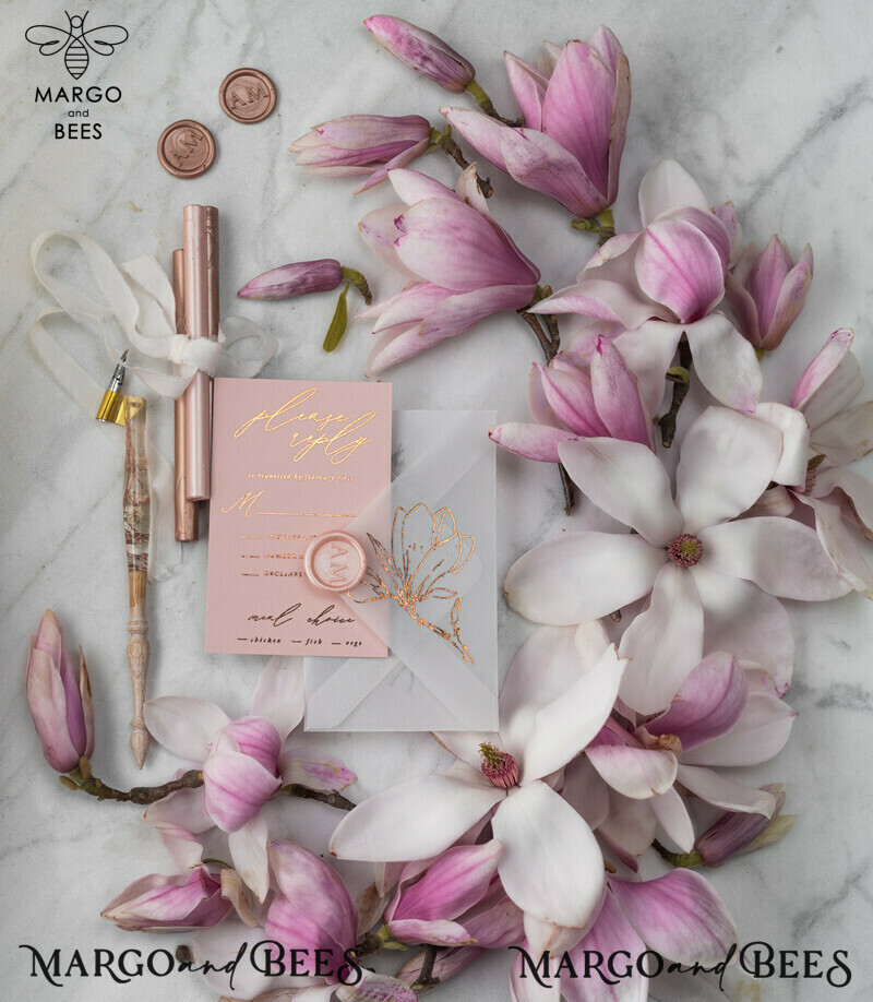 Spring Magnolia Flowers wedding invitations,  Gold Vellum Wedding Invitation Suite, Pink Sakura Wedding Stationery  -4