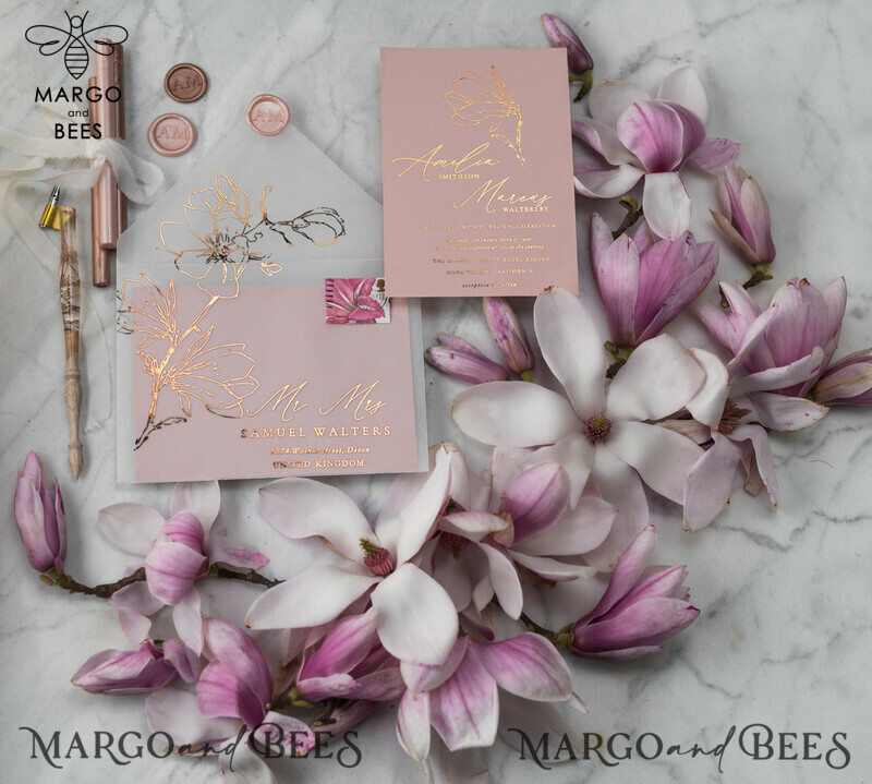 Luxury Gold Foil Wedding Invitations, Elegant Magnolia Flower Wedding Invites, Glamour Blush Pink Wedding Cards, Bespoke Vellum Wedding Stationery-5