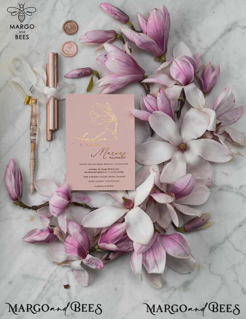 Exquisite Luxury Gold Foil Wedding Invitations with Elegant Magnolia Flower Design and Glamour Blush Pink Accents - Customized Bespoke Vellum Wedding Stationery for a Timeless Celebration-6
