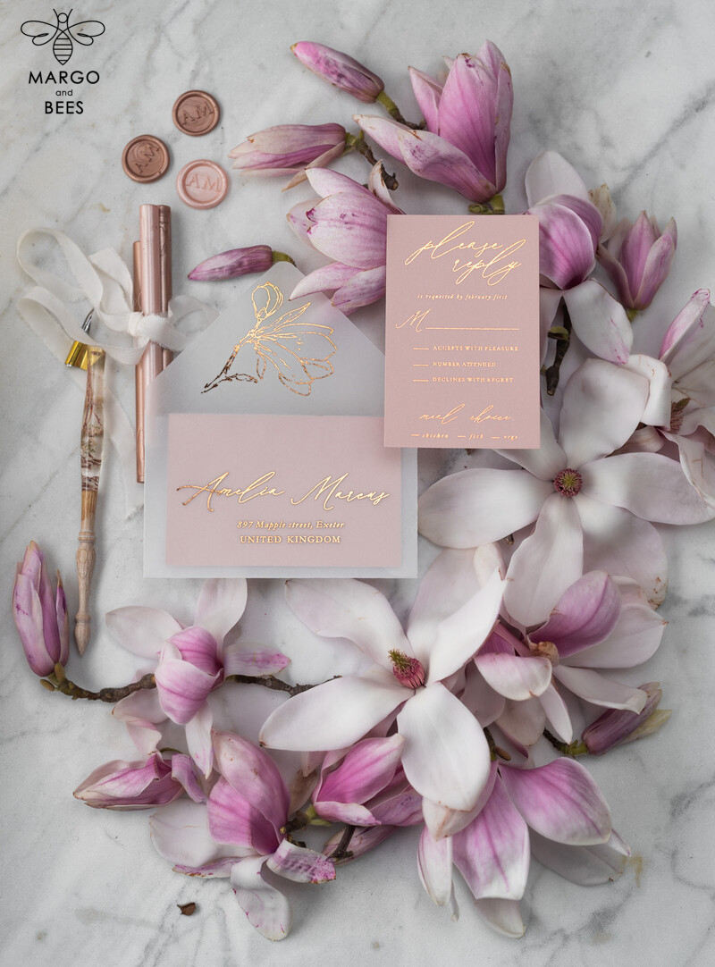 Exquisite Luxury Gold Foil Wedding Invitations with Elegant Magnolia Flower Design and Glamour Blush Pink Accents - Customized Bespoke Vellum Wedding Stationery for a Timeless Celebration-7