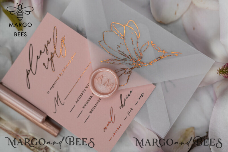 Exquisite Luxury Gold Foil Wedding Invitations with Elegant Magnolia Flower Design and Glamour Blush Pink Accents - Customized Bespoke Vellum Wedding Stationery for a Timeless Celebration-8