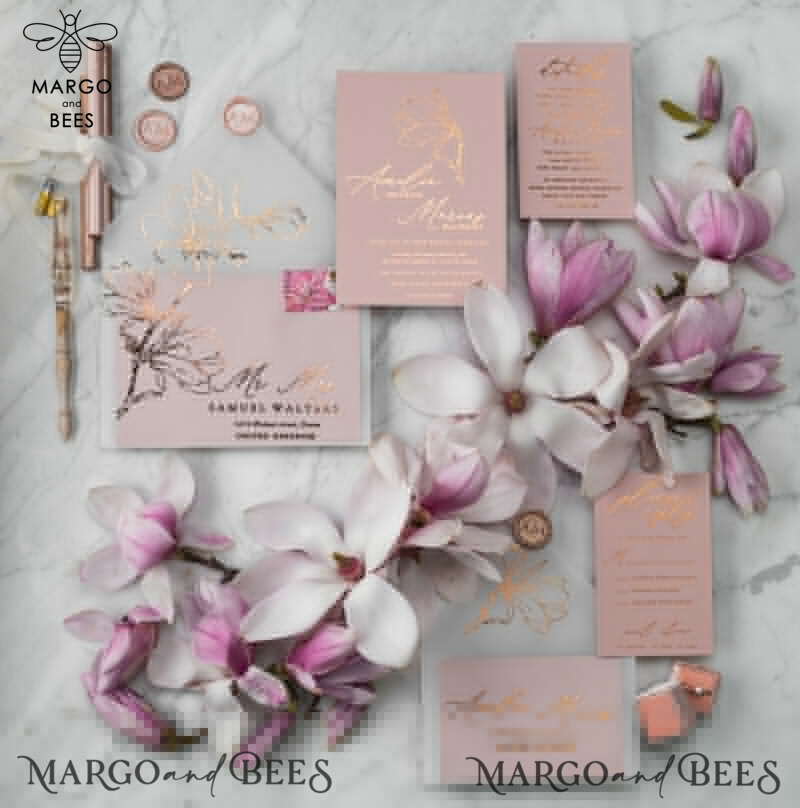 Luxury Gold Foil Wedding Invitations, Elegant Magnolia Flower Wedding Invites, Glamour Blush Pink Wedding Cards, Bespoke Vellum Wedding Stationery-0