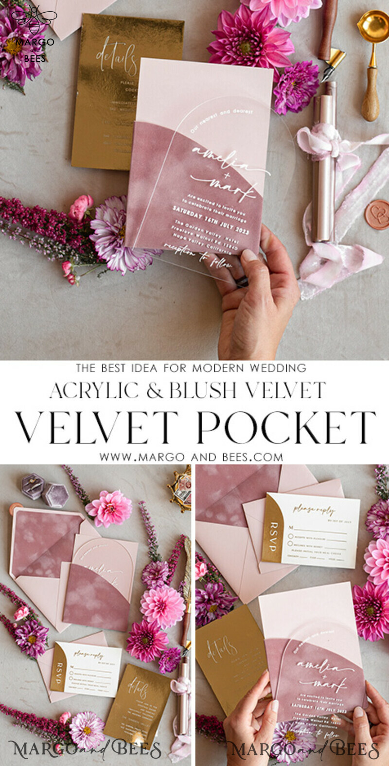 Luxurious Arch Gold Acrylic Wedding Invitation Suite with Velvet Pocket and Blush Pink Boho Wedding Invitations-3