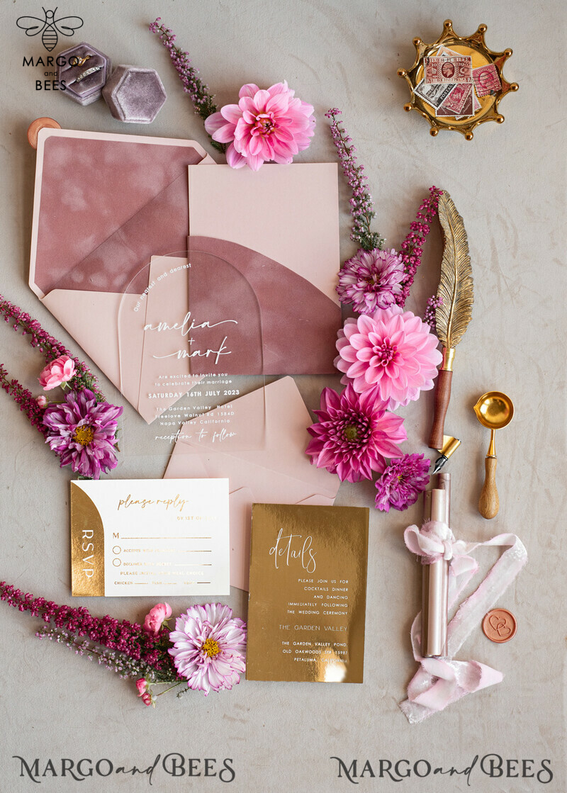 Luxurious Arch Gold Acrylic Wedding Invitation Suite with Velvet Pocket and Blush Pink Boho Wedding Invitations-1