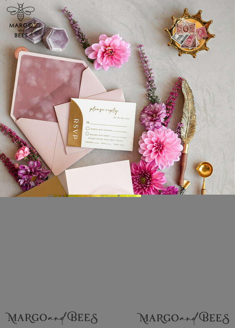 Luxurious Arch Gold Acrylic Wedding Invitation Suite with Velvet Pocket and Blush Pink Boho Wedding Invitations-9