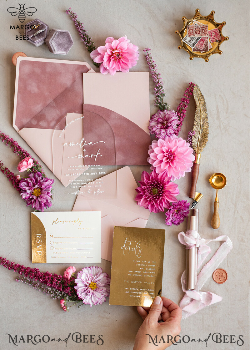 Luxurious Arch Gold Acrylic Wedding Invitation Suite with Velvet Pocket and Blush Pink Boho Wedding Invitations-0