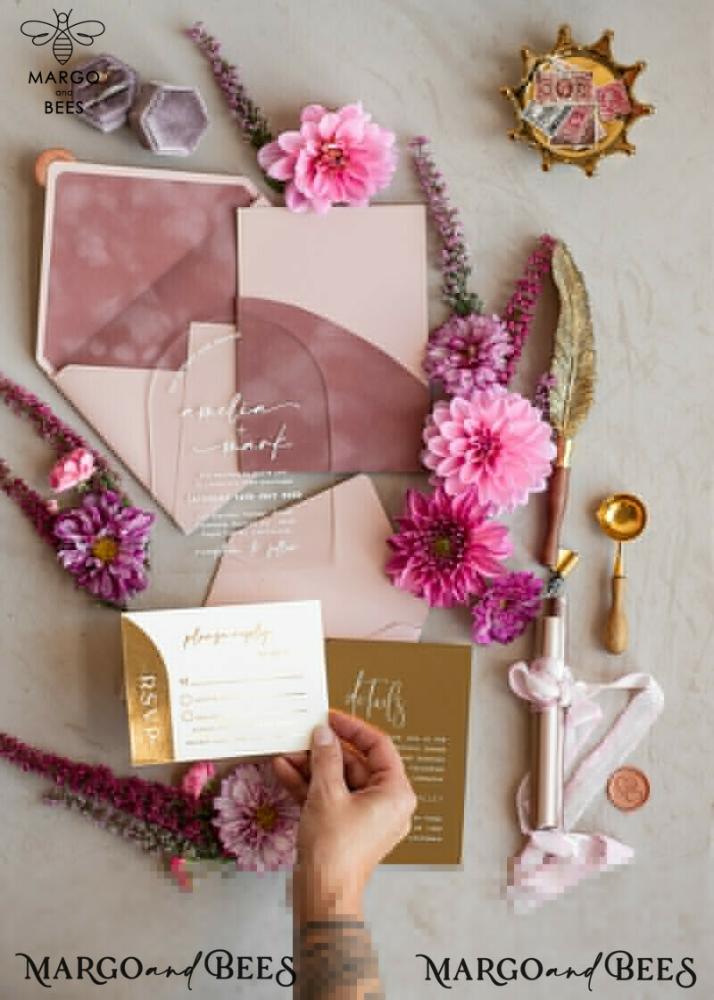 Luxurious Arch Gold Acrylic Wedding Invitation Suite with Velvet Pocket and Blush Pink Boho Wedding Invitations-11