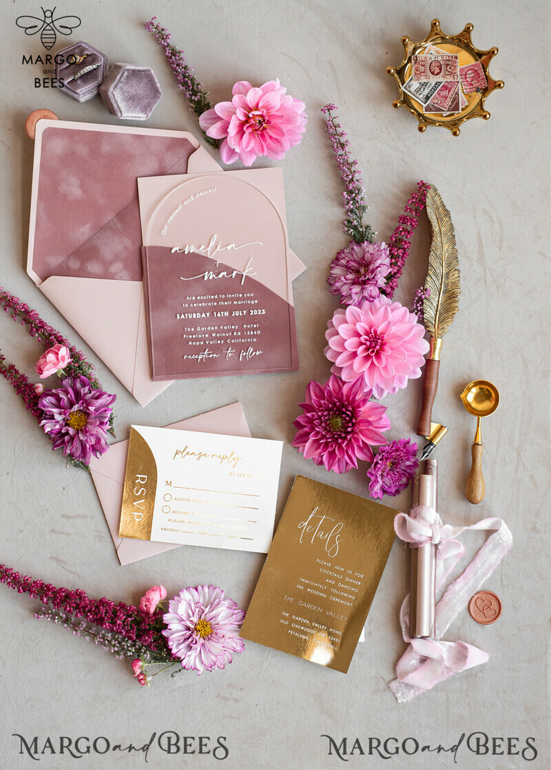 Luxurious Arch Gold Acrylic Wedding Invitation Suite with Velvet Pocket and Blush Pink Boho Wedding Invitations-2