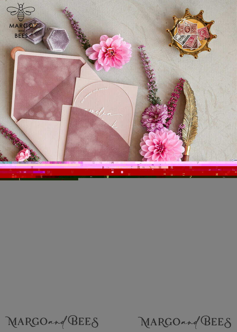 Luxurious Arch Gold Acrylic Wedding Invitation Suite with Velvet Pocket and Blush Pink Boho Wedding Invitations-4