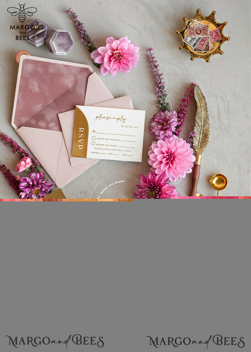 Luxurious Arch Gold Acrylic Wedding Invitation Suite with Velvet Pocket and Blush Pink Boho Wedding Invitations-6