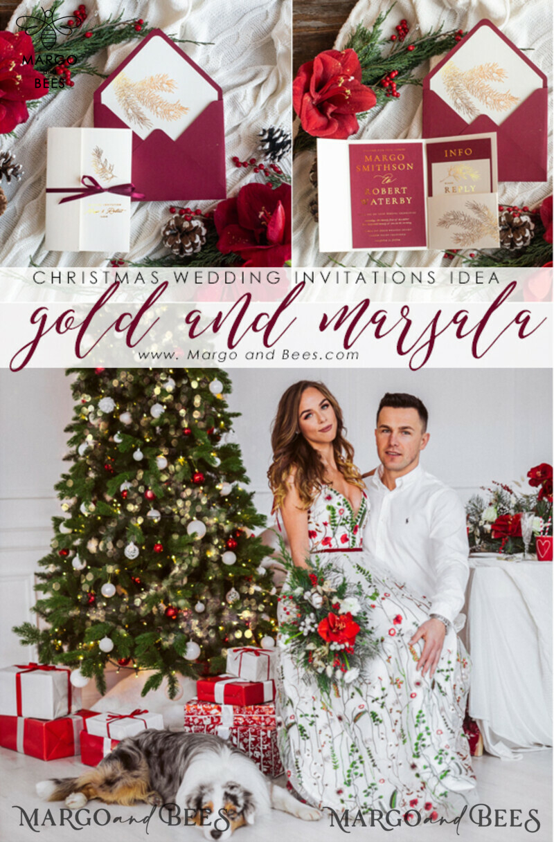 Luxury Christmas Wedding Invitations, Glamour Golden Shine Wedding Invites, Elegant Pine Wedding Cards, Minimalistic Pocketfold Burgundy Wedding Invitation Suite-1