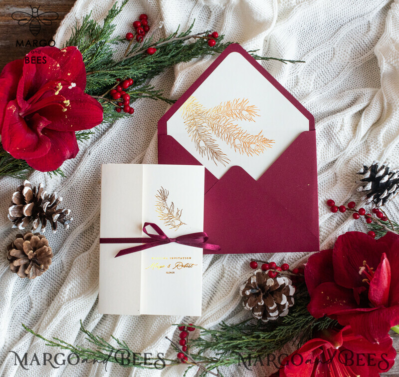 Christmas  Wedding invitations winter time marsala gold lettering Wedding Cards, Pocketfold Xmas Wedding Invites-10