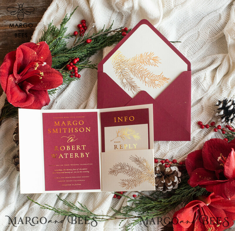 Luxury Christmas Wedding Invitations, Glamour Golden Shine Wedding Invites, Elegant Pine Wedding Cards, Minimalistic Pocketfold Burgundy Wedding Invitation Suite-12
