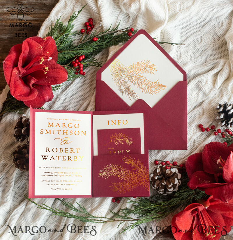 Christmas  Wedding invitations winter time marsala gold lettering Wedding Cards, Pocketfold Xmas Wedding Invites-14