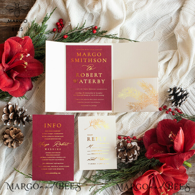 Luxury Christmas Wedding Invitations, Glamour Golden Shine Wedding Invites, Elegant Pine Wedding Cards, Minimalistic Pocketfold Burgundy Wedding Invitation Suite-2