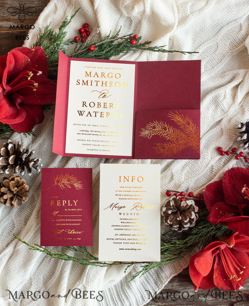 Christmas  Wedding invitations winter time marsala gold lettering Wedding Cards, Pocketfold Xmas Wedding Invites-4