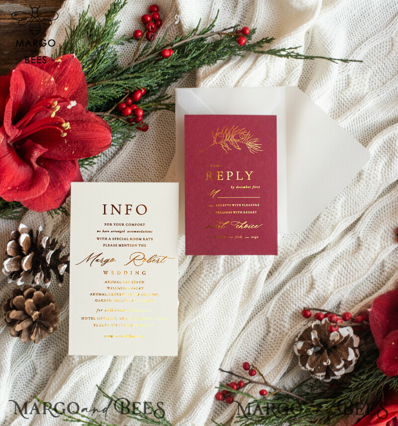 Christmas  Wedding invitations winter time marsala gold lettering Wedding Cards, Pocketfold Xmas Wedding Invites-7