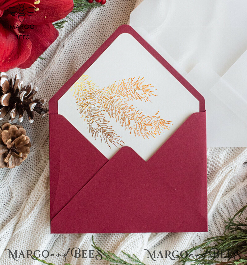 Christmas  Wedding invitations winter time marsala gold lettering Wedding Cards, Pocketfold Xmas Wedding Invites-9