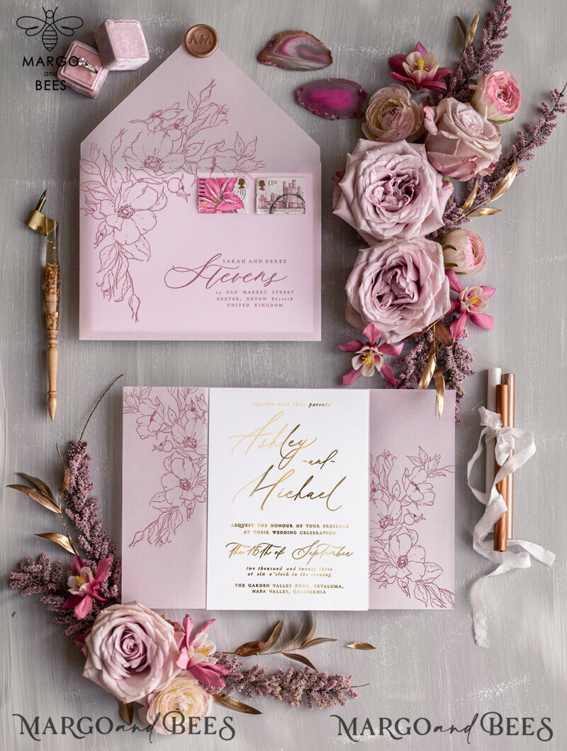 Luxury Blush Pink Wedding Invitation Suite, Elegant Blush Pink Wedding Cards, Boho Pink Wedding Invitations, Luxury Elegant Wedding Stationery-6
