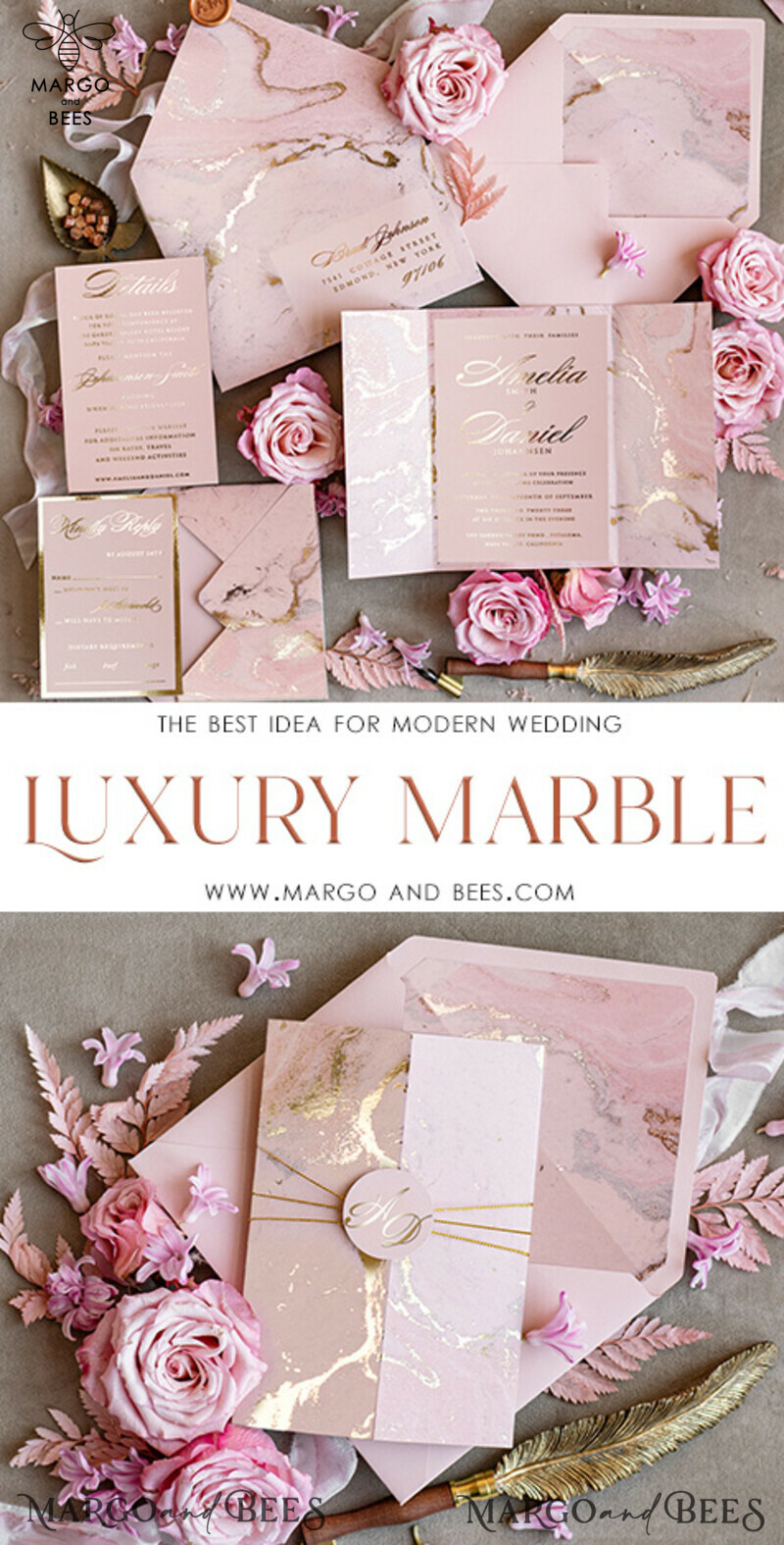 Personalised Luxury Gold Foil Wedding Invitation Set with Blush Pink Marble Glamour - A Stunning Wedding Invitation Suite in Blush Pink Marble-3