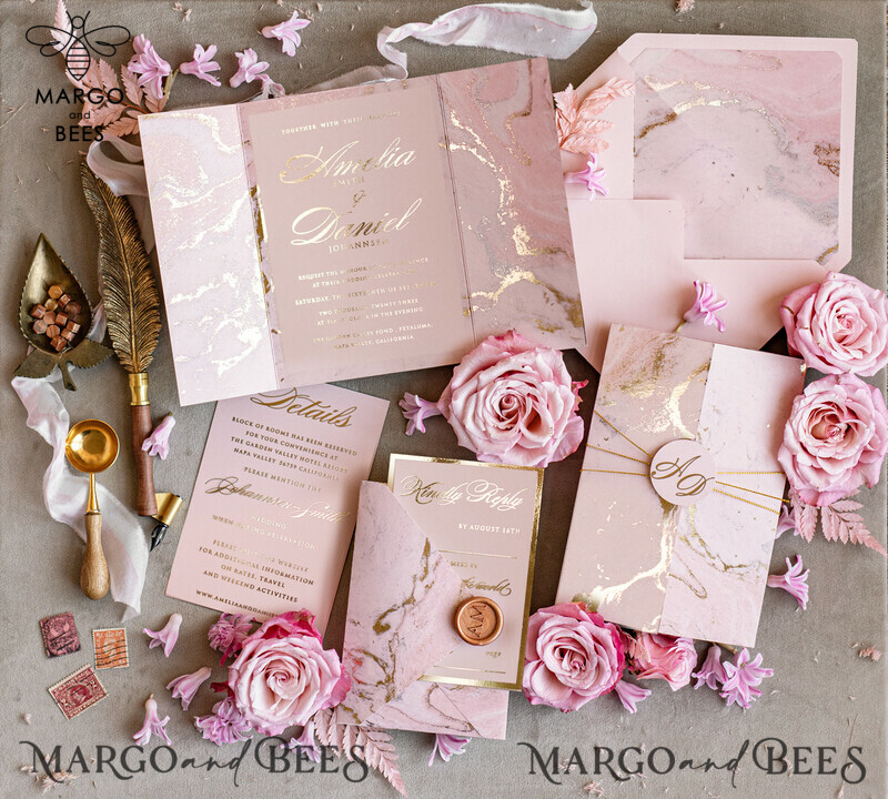 Personalised  Marble Wedding invitations, Luxury  Gold Foil Wedding Invitation set, Blush Pink Marble Glamour Wedding Invitation Suite, Luxury  Wedding Cards blush Pink Marble-4