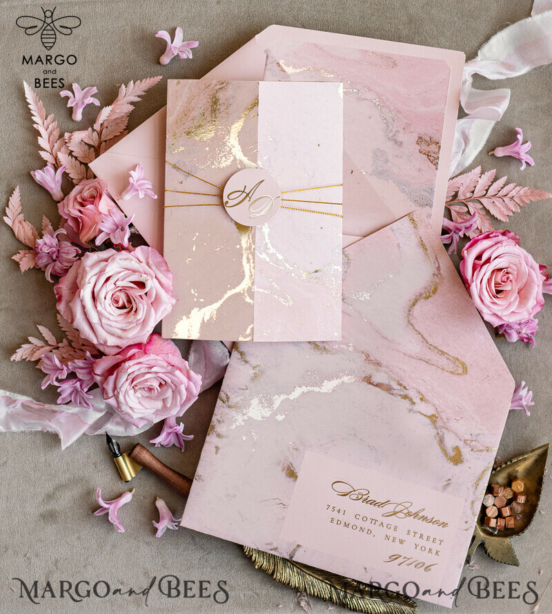 Personalised Luxury Gold Foil Wedding Invitation Set with Blush Pink Marble Glamour - A Stunning Wedding Invitation Suite in Blush Pink Marble-7