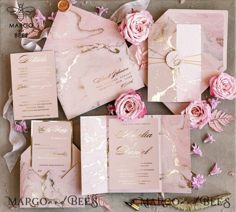 Personalised  Marble Wedding invitations, Luxury  Gold Foil Wedding Invitation set, Blush Pink Marble Glamour Wedding Invitation Suite, Luxury  Wedding Cards blush Pink Marble-0