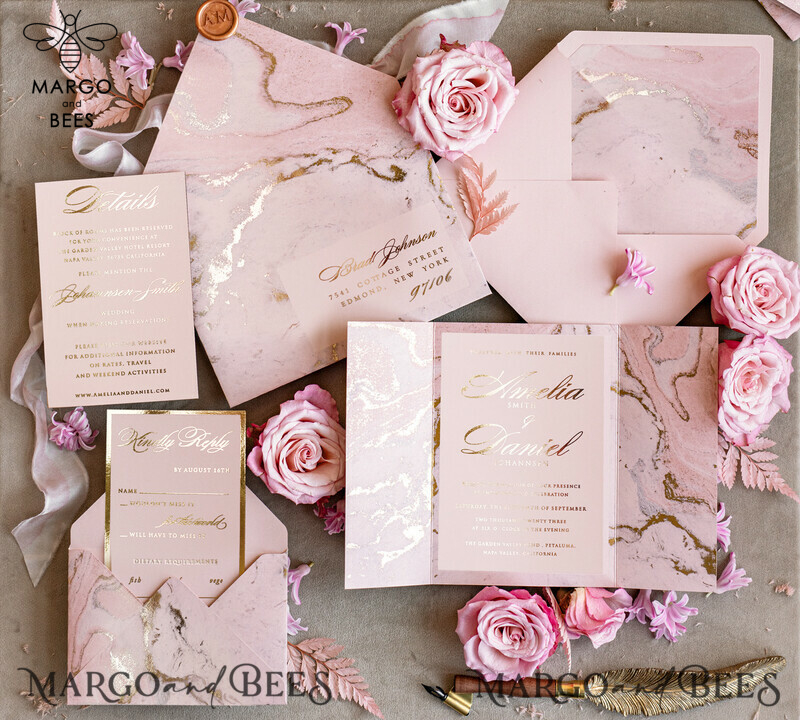 Personalised  Marble Wedding invitations, Luxury  Gold Foil Wedding Invitation set, Blush Pink Marble Glamour Wedding Invitation Suite, Luxury  Wedding Cards blush Pink Marble-1